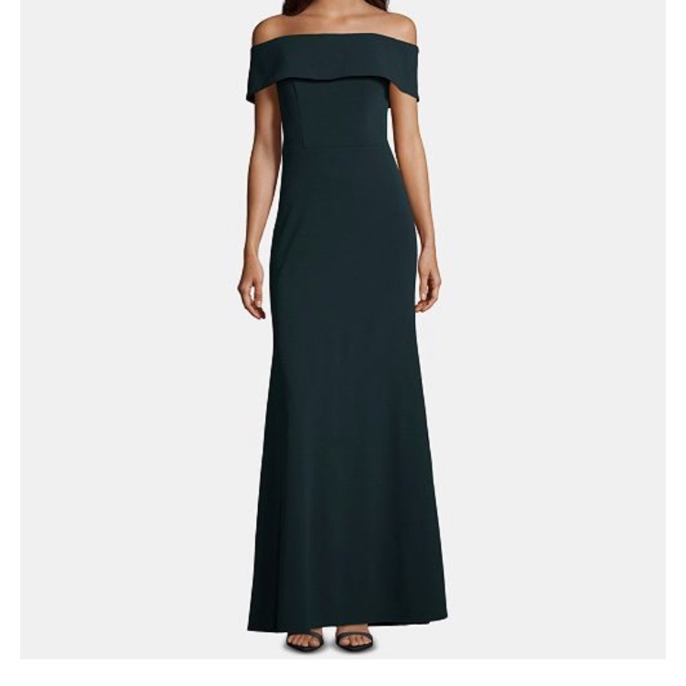 Betsy & Adam Ruffled-Back Off-The-Shoulder Gown